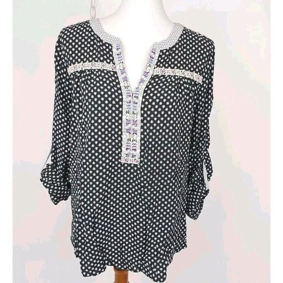 Skies‎ Are Blue Boho Embroidered V-Neck 3/4 Sleeve Blouse Black White - Size L - Picture 1 of 5